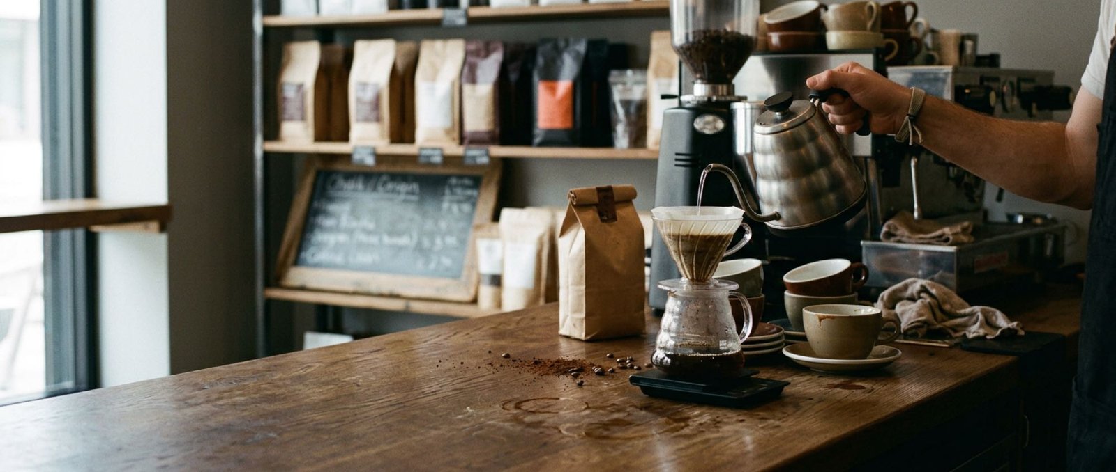 A pour-over brewing on a scale at a specialty coffee bar, with retail bags and an origin board behind